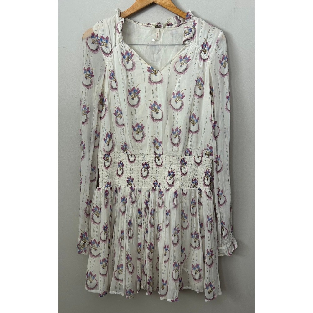 Free People Dress Womens Medium Wild Horses White Floral Smocked Waist Boho Mini